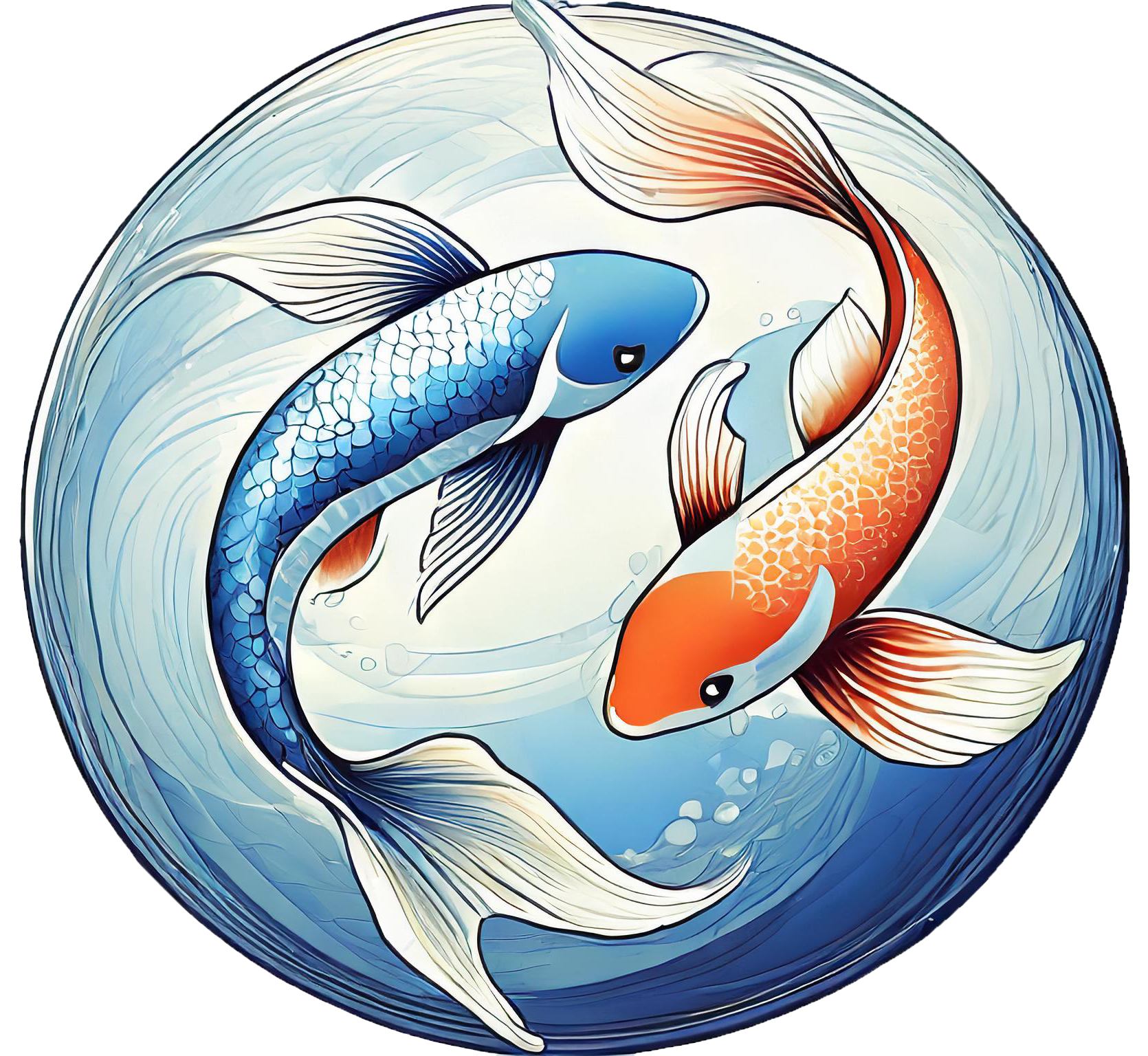 AI Generated Image of two Koi fish swimming in a yin yang pattern, one blue and one orange
